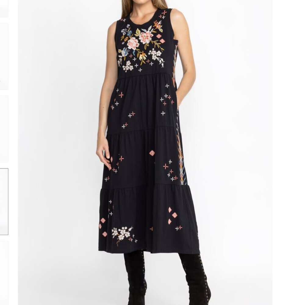 Johnny Was Ceretti Tiered Maxi Tank Black Embroidered Dress S